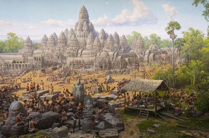 Ilustrasi kompleks candi dan kehidupan masyarakat masa lampau